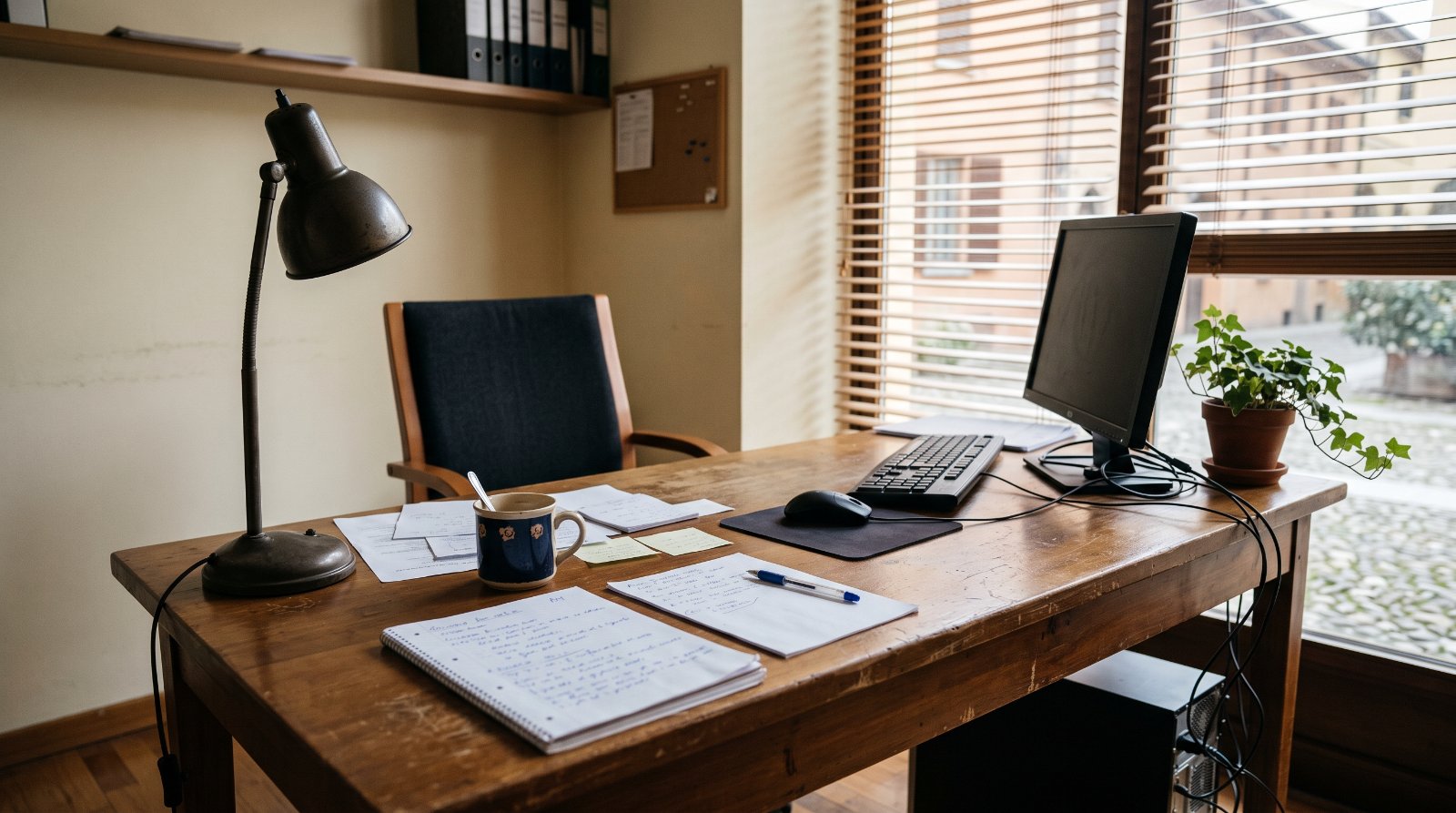 Scrivania vuota in un piccolo ufficio dopo che qualcuno ha lasciato il lavoro
