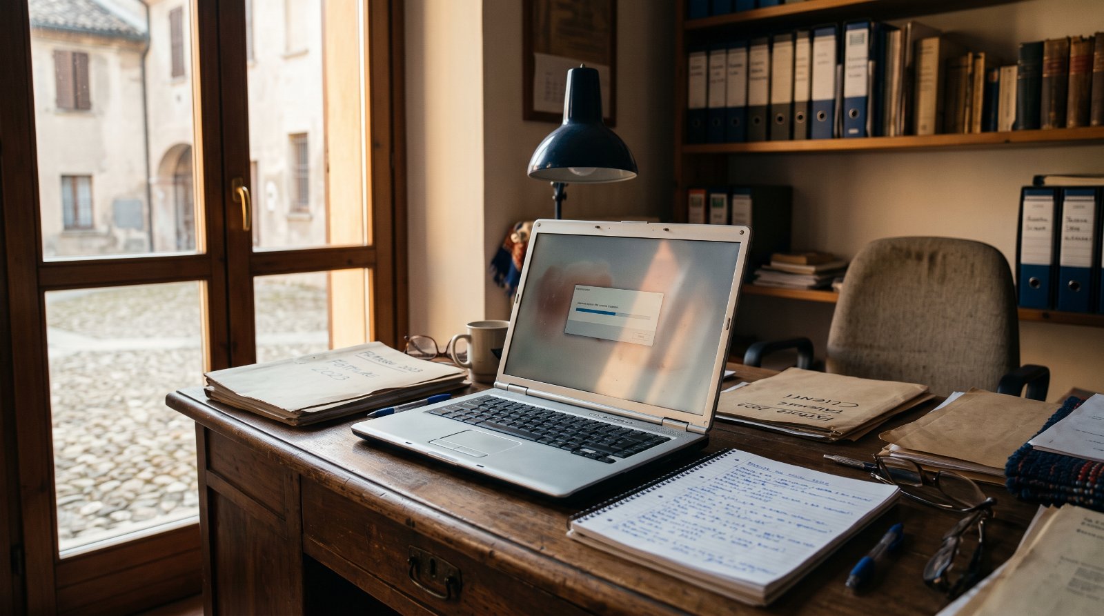 Scrivania di ufficio con laptop e documenti cartacei in luce naturale soffusa