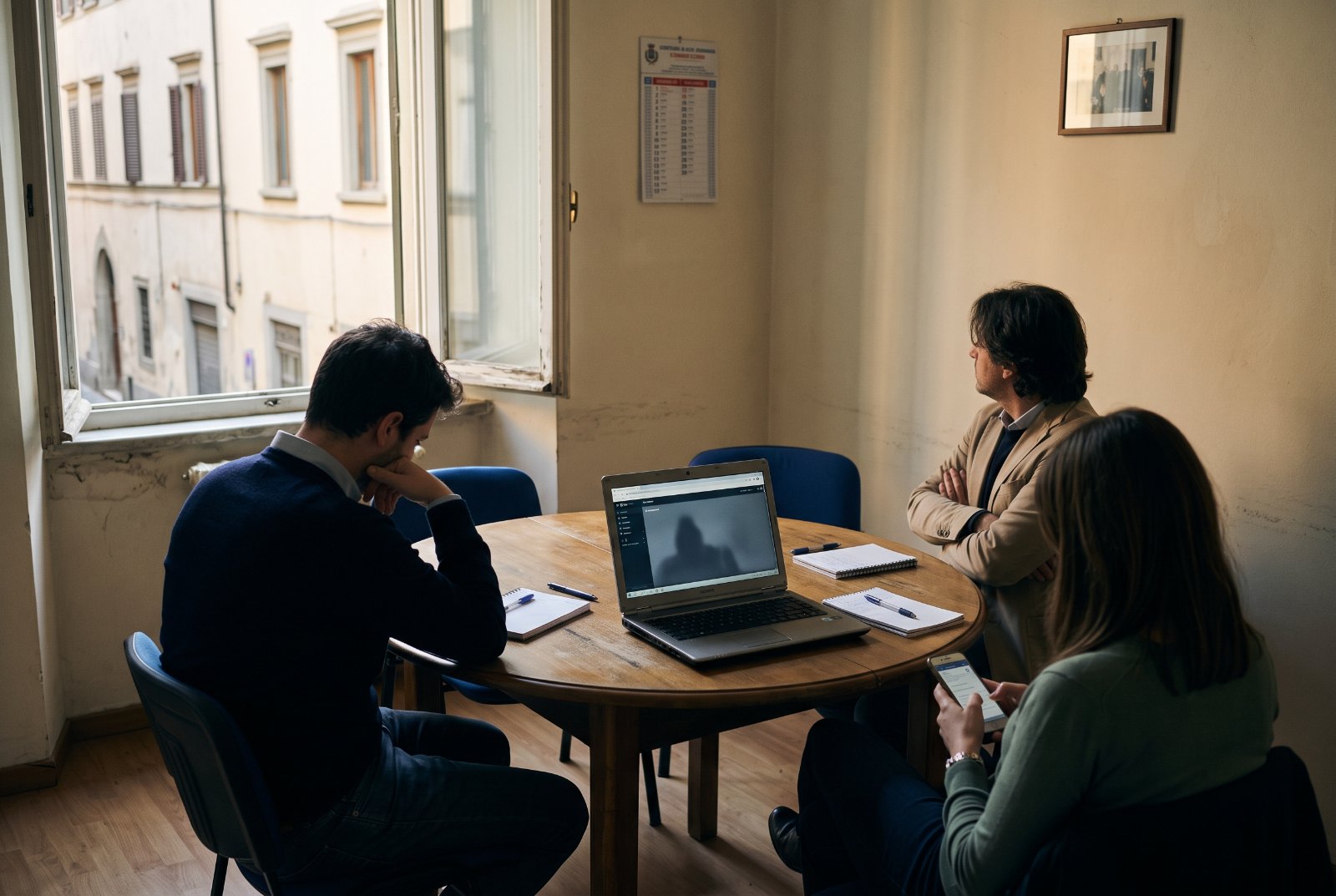 Tre persone in ufficio discutono attorno a un tavolo con laptop aperto e appunti.