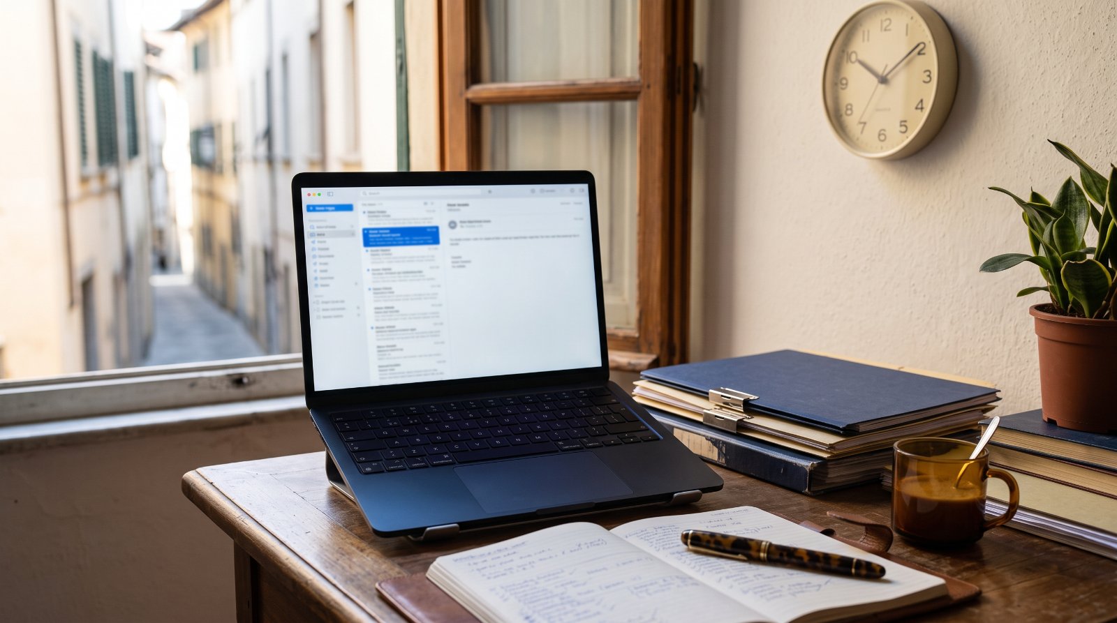 Scrivania di ufficio con computer, cartelle di carta e orologio sullo sfondo