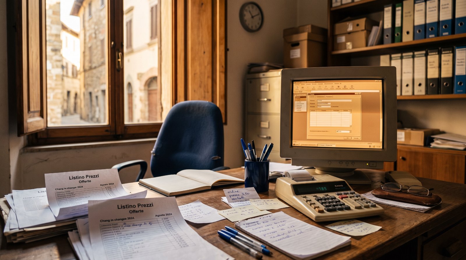 Scrivania di ufficio con listini cartacei, calcolatrice e computer acceso