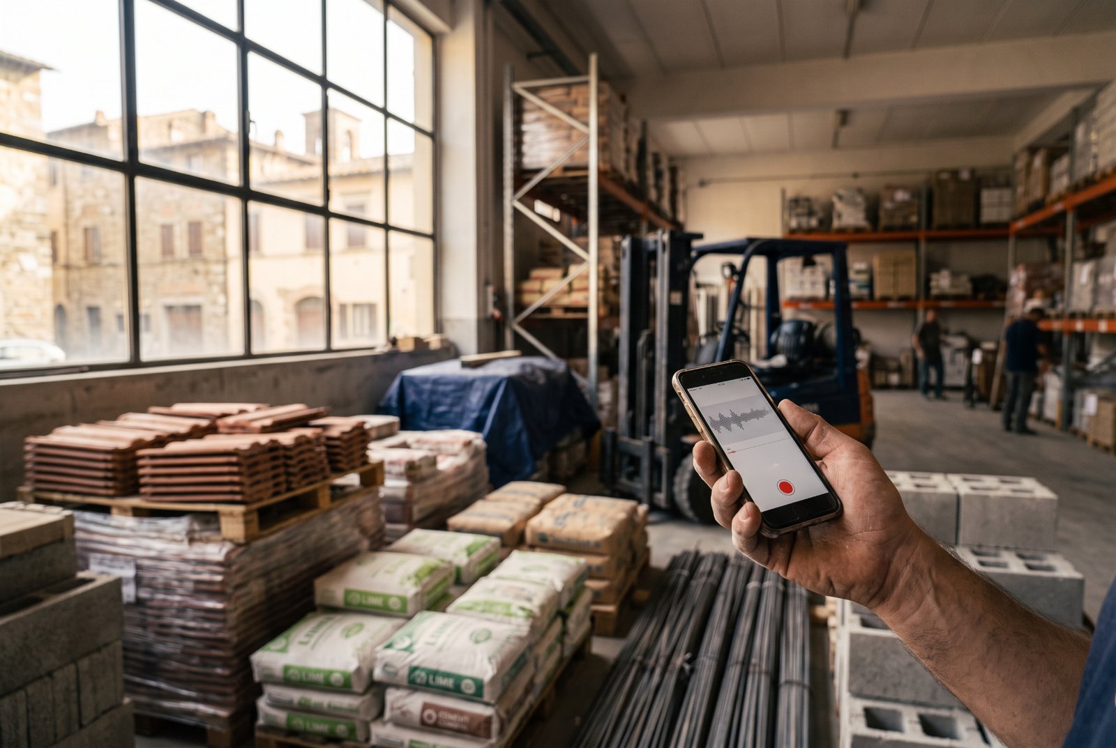 Mano con smartphone che registra una nota vocale in un magazzino edile con muletto e pallet.
